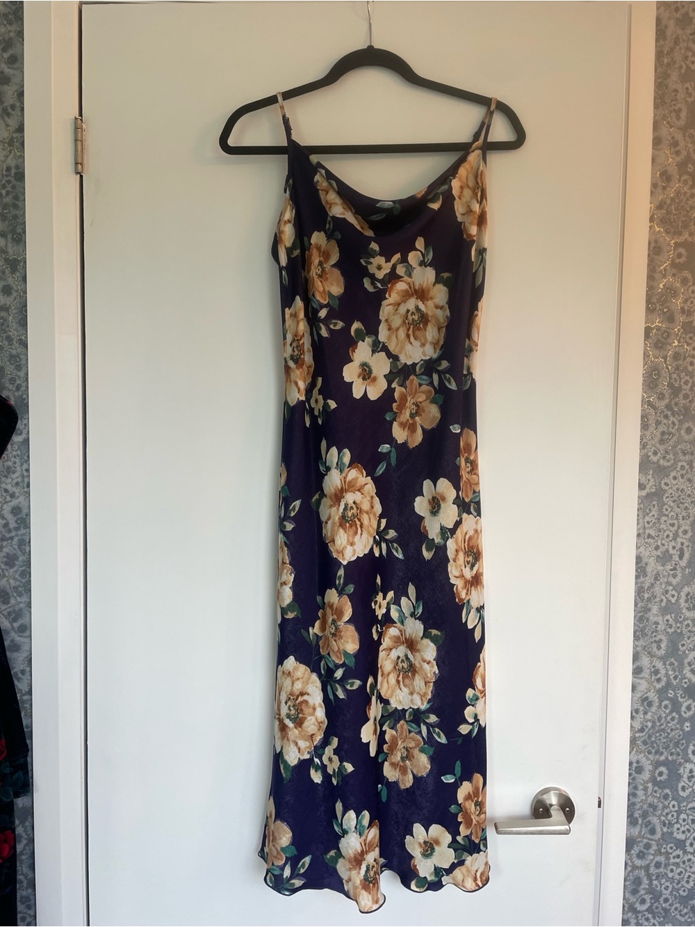 bebe Navy Floral Slip Midi Dress with Yellow Blooms